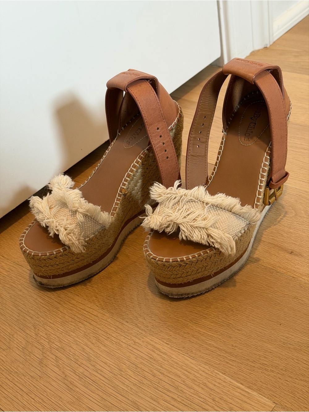 See By Chloé Brown Leather Fringe Espadrille Platform Wedges